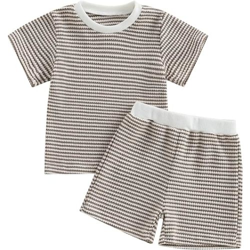 VISGOGO Baby Boy Girls Toddler Summer Outfit Striped T-shirt Toddler Boy Summer Clothes 6 12 18 Months 2 3 4 5 T Short Set