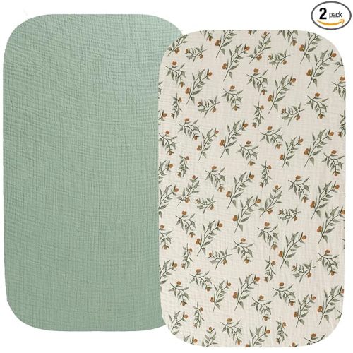 Muslin Bassinet Sheet Compatible with Baby Delight Beside Me Dreamer Bassinet, 2 Pack Cotton Stylish Boho Fitted Bassinet Sheets Super Soft for Baby Roman Green & Botanical Leaf