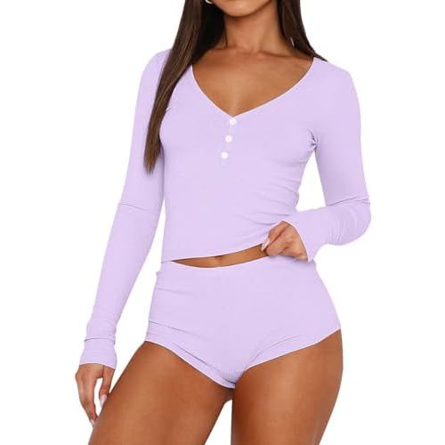 REVETRO Fall Womens 2 Piece Pajama Sets Sexy PJ Shorts Y2k V Neck Long Sleeve Lounge Set Sleepwear with Button Down