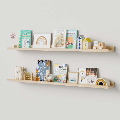 Long Floating Shelves for Wall, 48 inch Solid Wood Picture Ledge Shelf, Picture Shelf for Wall with Ledge, Floating Book Shelves for living room Bedroom Nursery Decor, Natural Unfinished, Set of 2