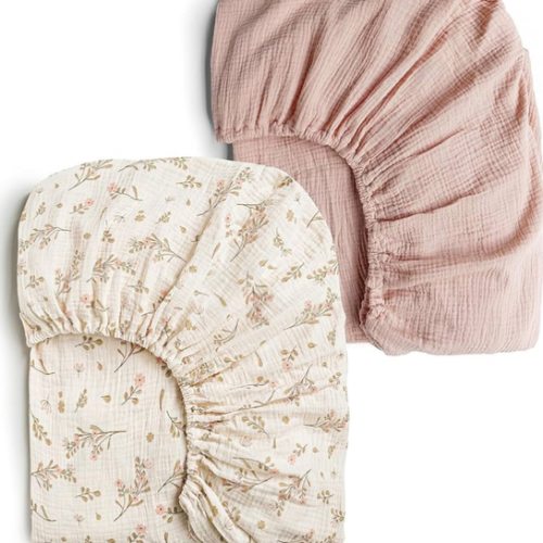 Konssy Muslin Crib Sheets for Girl Boy, 2 PCS Soft and Breathable Cotton Baby Sheets for Standard Crib Mattress, 52"x 28" (Floral, Pink)