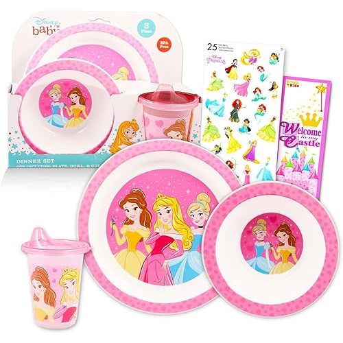 Disney Princess 5-Piece Dinnerware Set for Kids, Toddlers - Plastic Plate, Bowl, Cup with Cinderella Stickers and Castle Door Hanger | Dishwasher-Safe with Dinner Plate, Bowl and Cup with Aurora, Belle Plus Stickers | Princess Dining Set for Girls 3+