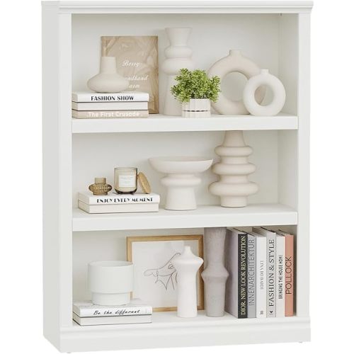 blini 3-Shelf Bookcase White Wooden Bookshelves 33in Wide Floor Standing Display Storage Book Shelves Tall Bookcase for Home Office, Living Room, Bedroom