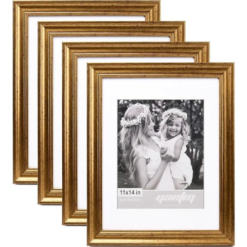 11x14 Gold Picture Frame with Mat for 8x10 Set of 4, 1.4" Wide Molding & Rustic Gold Frame 11 x 14 with Tempered Glass for Wall Gallery, Home and Office, Wall Mount, 4 Pack