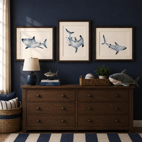 Set of 3 Watercolor Shark Prints, Coastal Nursery Decor, Ocean Gallery Wall