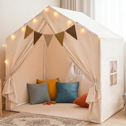 Little Dove Kids Play Tent with Star Lights & 2 Windows, Large Reading Nook & Playhouse for Indoor & Outdoor Use, Play Tent for Boys & Girls, Birthday, 52"x35"x51", Cream