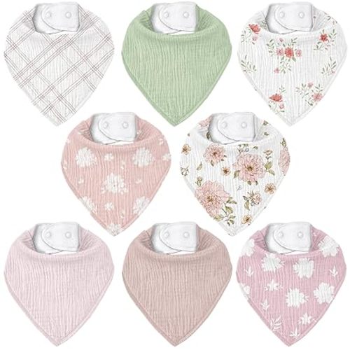 Muslin Baby Bibs 8 Pack, Baby Bandana Drool Bib for Drooling and Teething, Cotton Soft Absorbent for Girls Boys Garden
