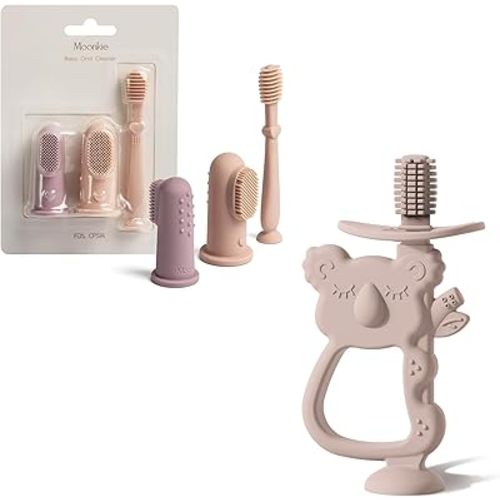 Moonkie Baby Oral Care & Teething Kit | 3-Piece Finger Toothbrush, Tongue Cleaner & 360° Teething Toy | BPA-Free Silicone for Babies 3-12 Months | Suction Base, Safe, Easy to Hold, Ideal for Teething