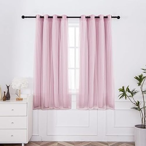 INLINAS Pale Pink Blackout Curtains with Sheer Overlay - Grommet Top Thermal and Noise Reduction Panels for Bedroom and Living Room Light Blocking and Energy Saving, 52 x 63 Inches, Set of 2