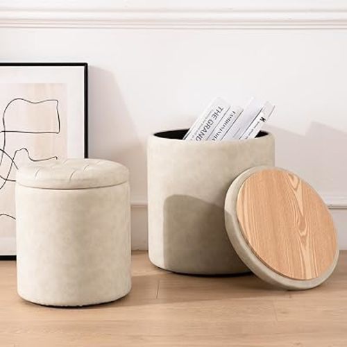 Faux Leather Round Ottoman with Storage 12.6" W x 14.17" H & 14.76" W x 17.32" H Set of 2, Small Boucle Coffee Table Footstool with Removable Lid for Living Room, Bedroom, Beige