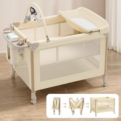Uuoeebb 4 in 1 Baby Bassinet, One-Touch Foldable Playard Bedside Bassinet