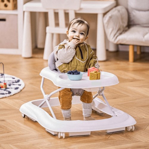 Baby Walker Foldable Baby Walkers With 3-Level Adjustable Height Rolling Toddler Walker And Activity Center With Wheels & Feeding Tray Anti-Rollover Activity Helper For Boy Girl 6-12 Months