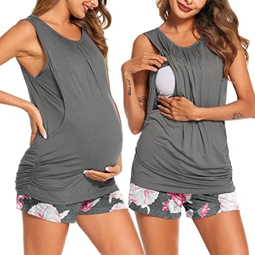 Ekouaer Women Maternity Nursing Pajama Set Breastfeeding Double Layer Pregnancy Pjs Set Sleeveless Top & Shorts with Pockets