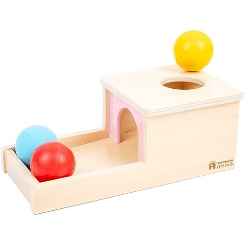 Adena Montessori Object Permanence Box with Tray Three Balls Montessori Toys for 6-12 Months Baby 1 Year Old Infant Toddler Wooden Pink Door for Girl