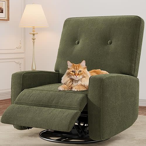 IDEALHOUSE Recliner Chair, 360° Swivel Rocking Glider Chair for Adults with Adjustable Backrest & Footrest, Cozy Corduroy Upholstered Armchair for Living Rooms, Bedrooms, Apartments, Green