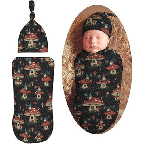 Cartoon Gnomes and Mushrooms Newborn Swaddle Blankets Hat Sets Soft Baby Receiving Blanket Swaddle Sack for Baby Shower Infant Boy Girl Gift