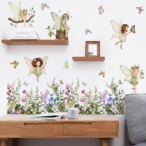 Runtoo Fairy Wall Decals Boho Floral Butterfly Wildflower Wall Stickers Girls Bedroom Baby Nursery Kids Room Decor