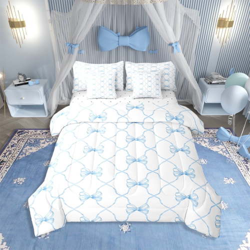 Cute Blue Bow King Comforter Set 7 Pcs,Kawaii Dreamy Princess Bowknot Bedding Set,Geometric Check Bow Tie Bed In A Bag With Sheets Watercolor Blue White Bow Bed Set