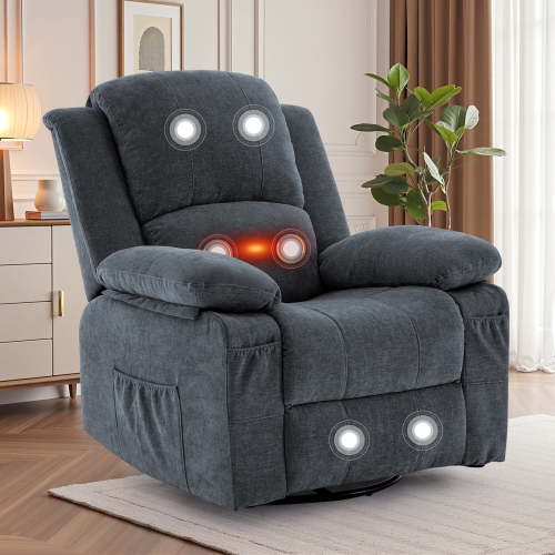 GEEYOO Swivel Rocker Recliner Chair with Massage and Heat Glider Recliner for Adults with Side Pockets Chenille for Living Room,Dark Grey