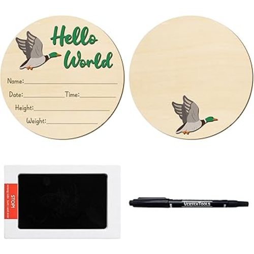 R HORSE Baby Birth Announcement Sign with Marker Pen, 3D Mallard Duck Baby Name Sign with Ink Pad for Hand and Footprints, Wooden Hello World Newborn Announcement Nursery Decor Keepsake Gifts