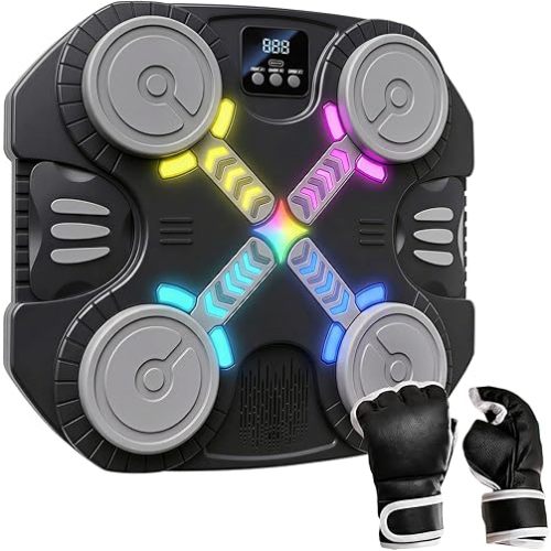 Music Boxing Machine for Kids: Smart Wall Mounted Wireless Punching Target Toys with Gloves and LED - Birthday Gifts for Boy Girl Teen Ages 3 4 5 6 7 8 9 10 11 12+ Years Old Indoor Gym Sport Play Game