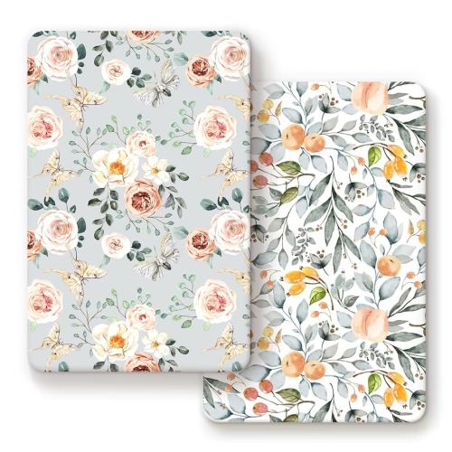 GRSSDER Stretchy Ultra Soft Jersey Knit Fitted Pack n Play Sheets Set 2 Pack, Portable/Mini Crib Sheets for Girls, Watercolor Flowers and Fruits