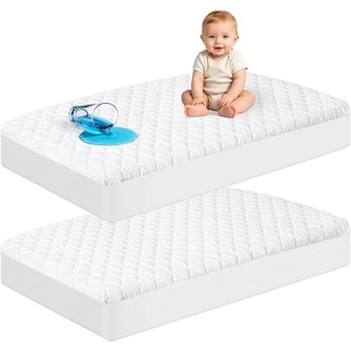 2 Pack Waterproof Mini Crib Mattress Protector, Quilted 24"x38" Fitted Mattress Cover - Soft Breathable & Noiseless Baby Mattress Pad for Mini Crib Playards, Fits 4"-9" Deep Pocket, White