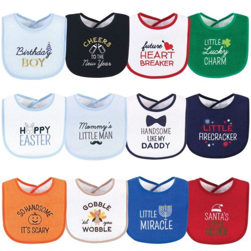 Hudson Baby Infant Boy Cotton Terry Drooler Bibs with Fiber Filling 12pk, Cute Boy Holiday Sayings, One Size