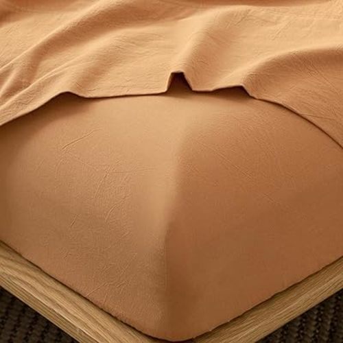 MooMee Fitted Bottom Sheet Only 100% Washed Cotton Linen Like Textured Breathable Durable Soft Comfy Deep Pocket Fits Mattress up to 17" (Burnt Orange, Twin)