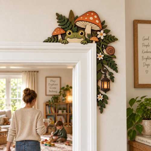 Wooden Frog Mushroom Door Corner Sign, Cottagecore Door Frame Topper, Woodland Snail Decor, Whimsical Forest Home Accent