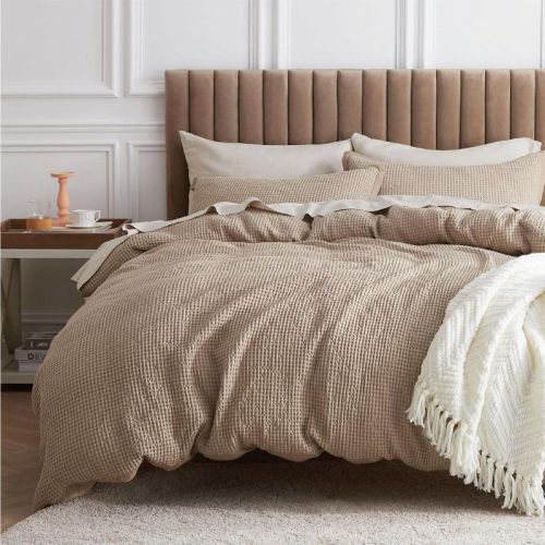 Bedsure Khaki Queen 3Pieces Cotton Duvet Cover 100% Cotton Waffle Weave Breathable All Season OEKO TEX Certified Valentine’s Day Premium Gift