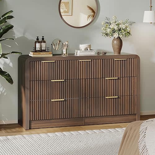 Decofy 55" W Fluted 7-Drawer Dresser for Bedroom, Walnut