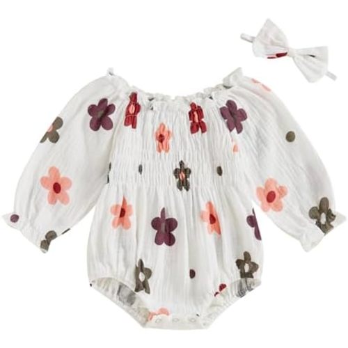Infant Baby Girl Floral Romper Outfit Cotton Linen Smocked Bodysuit Long Sleeve Boho Clothes with Headband