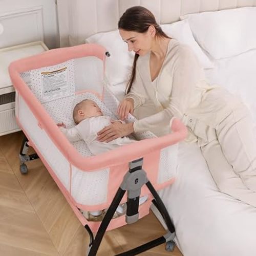 Baby Bassinet, 3-in-1 Bedside Bassinets for Baby, Bassinet Bedside Sleeper with Wheels, Baby Bassinet Bedside Crib with Breathable Mesh, Mosquito Net, 6 Height Adjustable, Easy Assemble & Folding