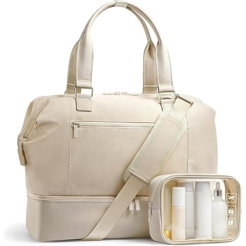 Travel Duffle Bag for Women, 40L Weekender Bags Airline Approved Carry On with Shoe Compartment & Waterproof Wet Pocket, Durable Nylon Weekender Overnight Bag for Travel, Gym, Business Trip, Beige