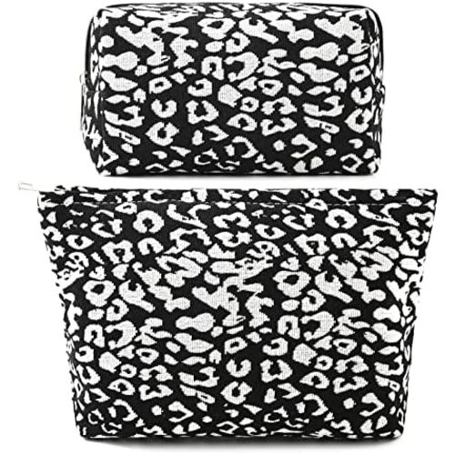 SOIDRAM 2 Pieces Leopard Print Makeup Bag Large Cosmetic Bag Capacity Canvas Mix Travel Toiletry Bag Organizer Cute Makeup Brushes Aesthetic Accessories Storage Bag for Women, Leopard Print Mix Black
