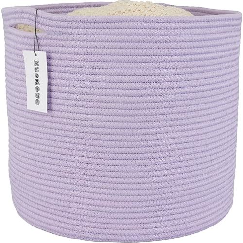 XUANGUO Cotton Rope Basket For Girls Boys Kids 16”X14” Baby Laundry Basket Nursery Bin Round Woven Baskets Organizer For Storage Toys Blankets Shoes Clothes purple