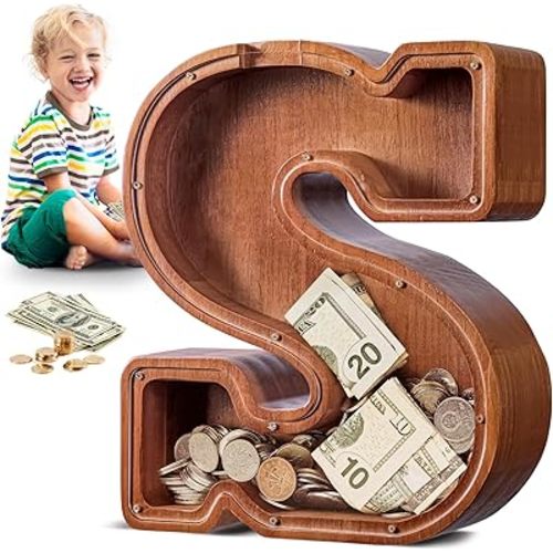 Summidate Large Wooden Piggy Bank for Kids Adults, Letter S Money Bank for Boys Girls, Personalized Initial Alphabet Bank for Coins Bills Change, Birthday and Decor