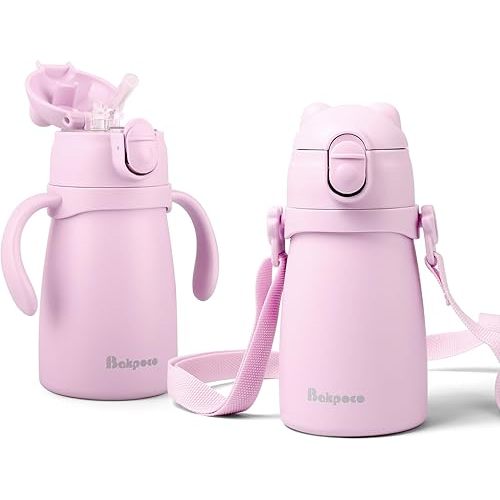 Bakpoco Stainless Steel Straw Sippy Cup for Toddlers 1-3 Years Old, Insulated Toddler Water Bottle Baby Training Tumbler with Handles & Strap, 9oz Kids Straw Cups for Travel Daycare, Pink Bear 1-Pack