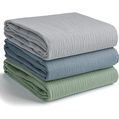 Comfy Cubs Muslin Swaddle Blankets Pack of 3, 42 x 42 Inch Soft 100% Cotton Baby Blanket Set, Large Wraps for Newborns - Self-Soothing Swaddles for Newborns - Heather Blue, Pacific Blue, Fern