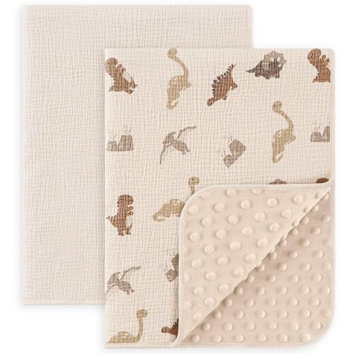 Susurration Baby Blanket for Unisex Boys Girls, 2 Pack Soft Fluffy Crib Blankets with Muslin Cotton Front and Dotted Fleece Back, Receiving Blanket for Baby Newborn Infant, 30x40inch, Dinosaur&Cream