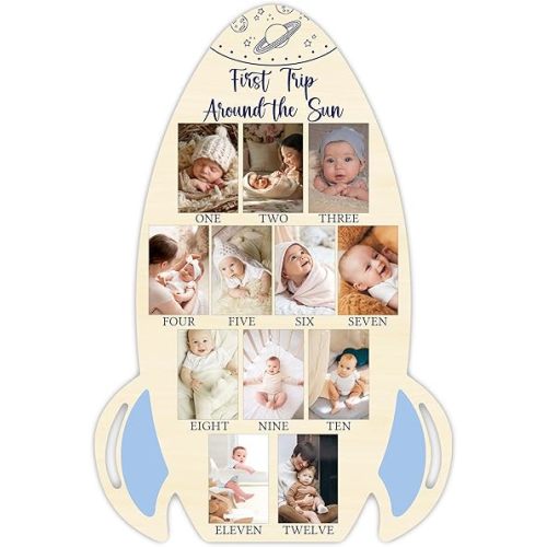 First Trip Around The Sun My First Year Photo Board, Baby Milestone Signs for Boys Girls Nursery Decor, 12 Month Wooden Picture Board for 2x3 Photos, Best Babies Keepsake Gifts-A29