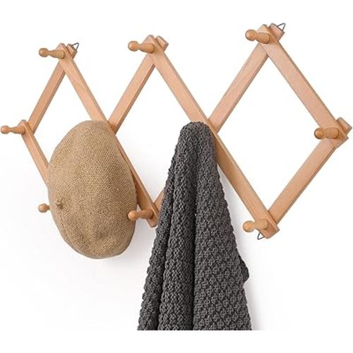SCUNDA Wall Rack with 10 Hooks, Wooden Wall Expandable Coat Rack for Coat, Hats, Baseball Caps, Coffee Mug, Jewelry(Natural)