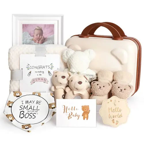Baby Gift Set, Baby Shower Gifts for Girls Boys, Bear New Baby Gift Basket Include Newborn Rattle Blanket Wooden Keepsake Milestone Cute Bibs Socks Greeting Card, Baby Gift Essentials Stuff