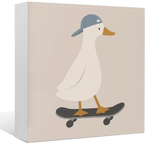 EIONEY Funny Goose Boy Nursery Wood Box Sign Desk Decor, Goose on Skateboard Farm Animal Nursery Wooden Block Sign Decorations for Kids Toddler Boy Room Bedroom Playroom Wall Tabletop Shelf Decor