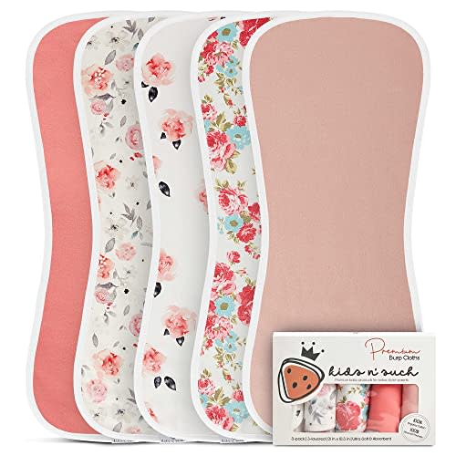 Baby Burp Cloths - 5 Pack, Extra Large & Soft, 3 Layer, Ultra Absorbent Cotton Burp Rags for Baby Girls - Burp Clothes for Baby Girl Burp Clothes, Newborn Towel, Baby Bibs & Burp Cloths Sets