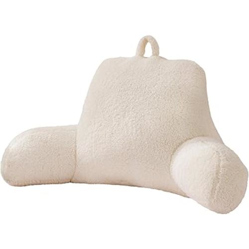 A Nice Night Sherpa Fleece Flannel Reading Pillow Bed Wedge Adult Backrest with Arms Back Support for Sitting Up in Bed/Couch,White,Large