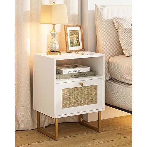 Rattan Nightstand, Boho Night Stand Farmhouse Wood Bedside Table with Storage and Open Shelf, End Side Accent Table for Bedroom,Living Room,White
