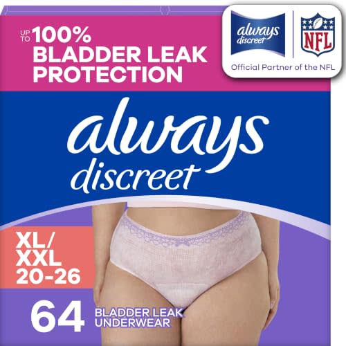 Always Discreet Adult Diapers for Women, Incontinence Underwear, Postpartum Essentials, Disposable Briefs, Max Absorbency, Bladder Leak Protection, Extra Large/XL, 64ct