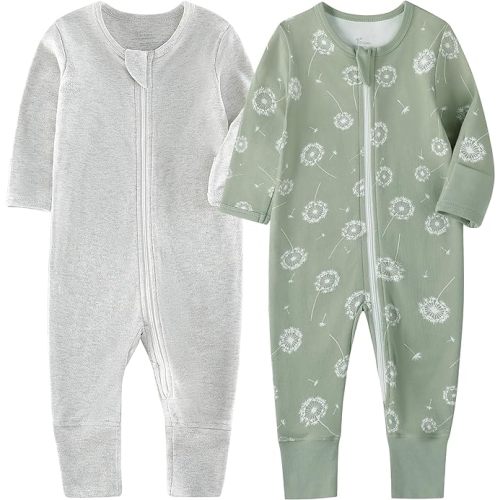 O2 BABY Organic Cotton Baby Footless Pajamas, Zip Front Baby Boys Girls Romper, Long Sleeve Sleep and Play (0-3 Months, Olive & Sage)